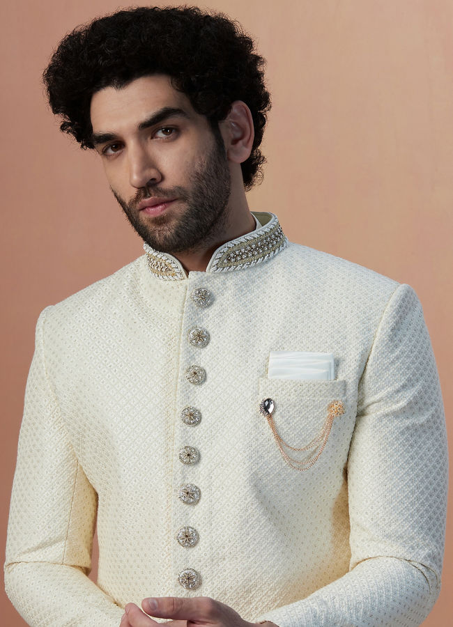 alt message - Manyavar Men Sesame White Indo Western image number 0